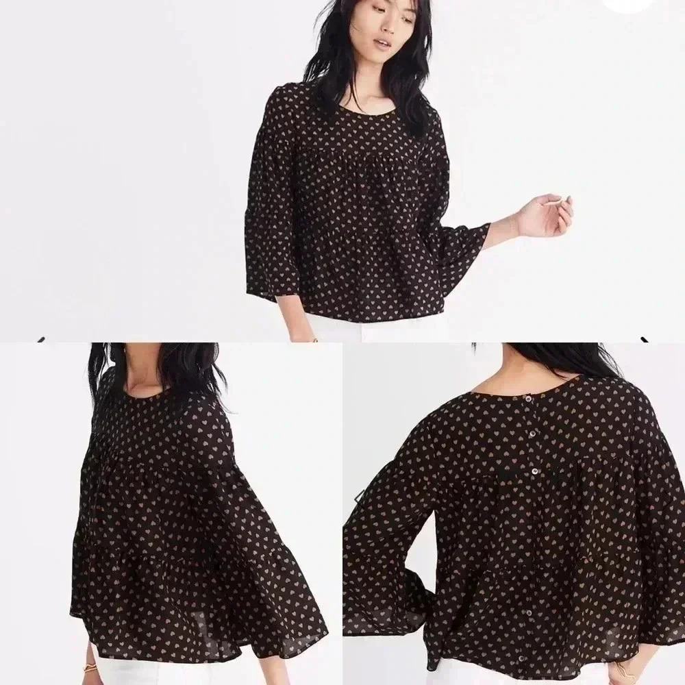 Madewell Silk Tiered Button-Back Top in Heart Flip Size XXS